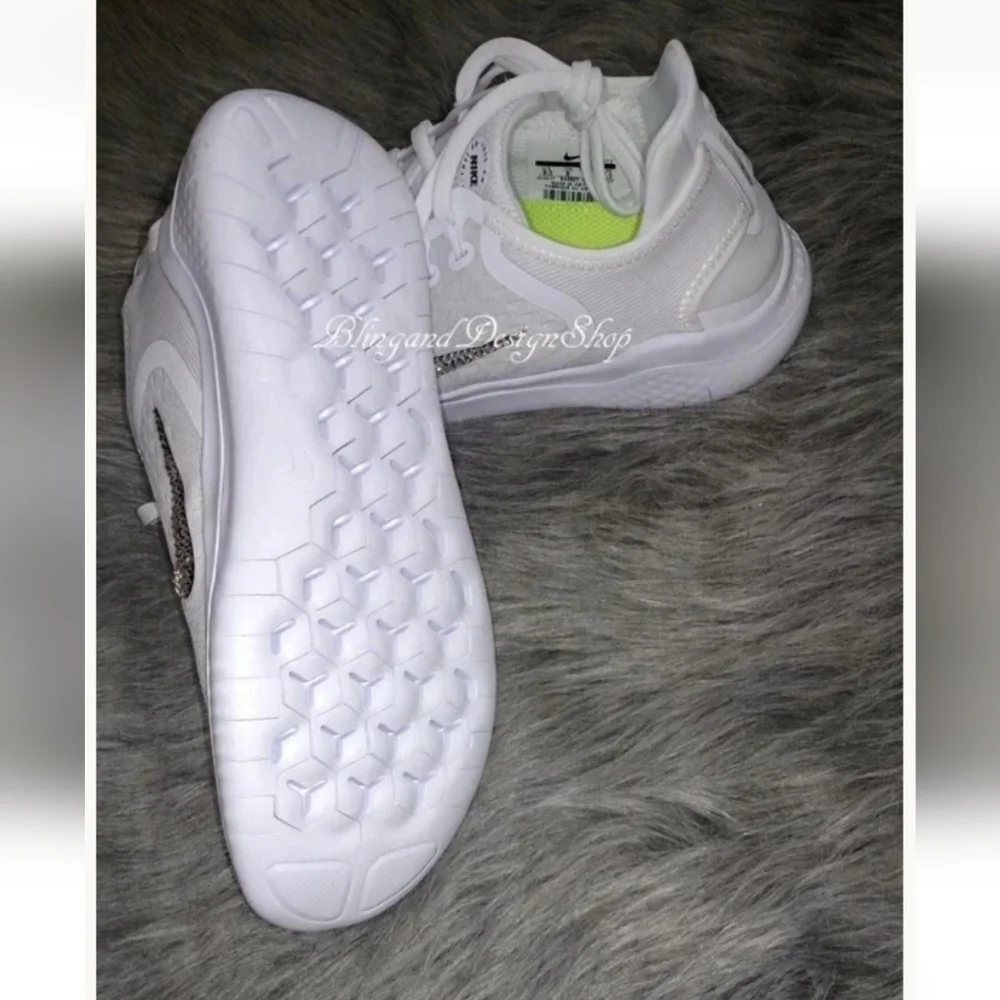 Bling Nike Free RN 2018 White Sneakers Customized with Crystal Rhinestones